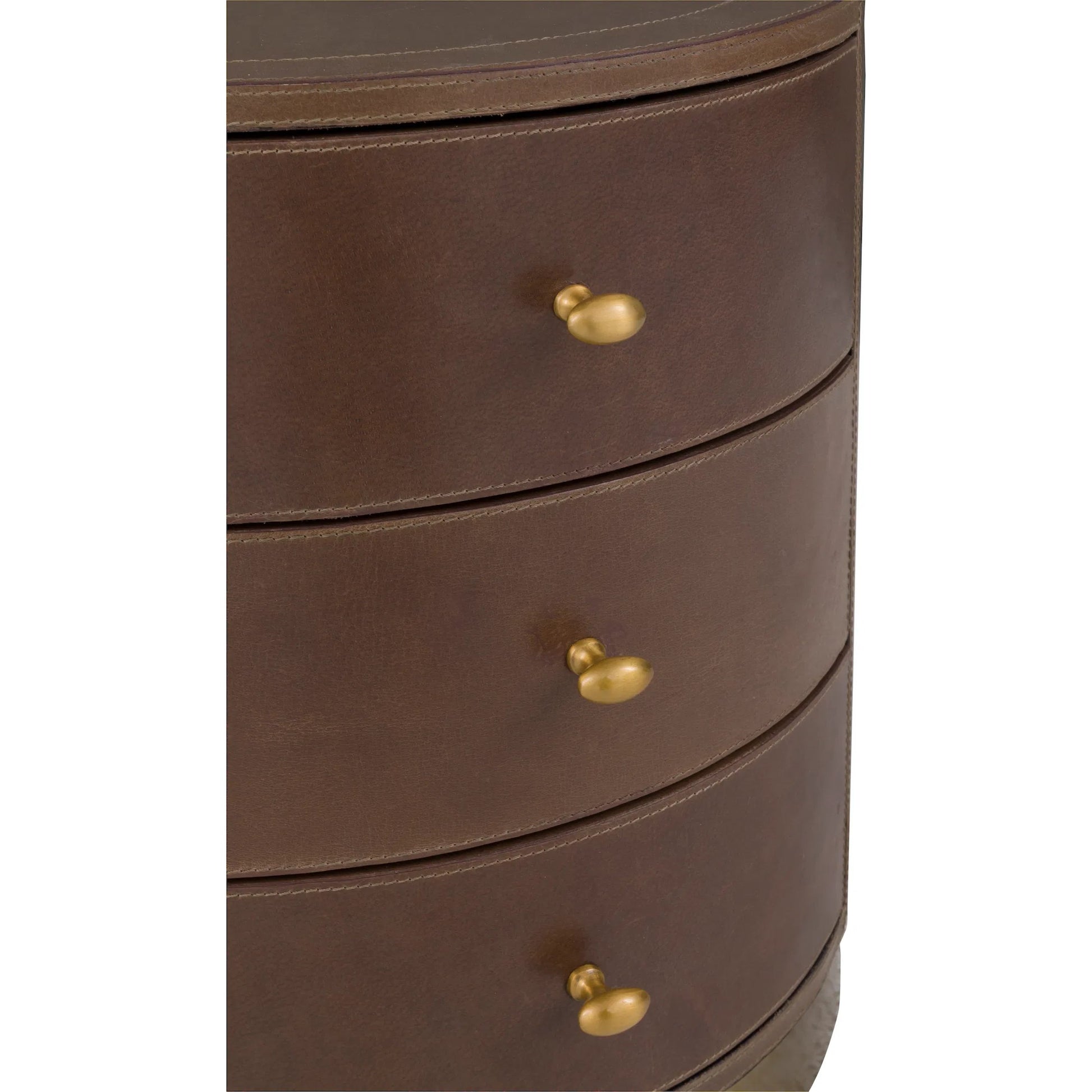 Dimitri 3-Drawer Leather Wrapped Round End Table by Fairfield Chair in brown and kafe. Made from leather wrap in a unique style.