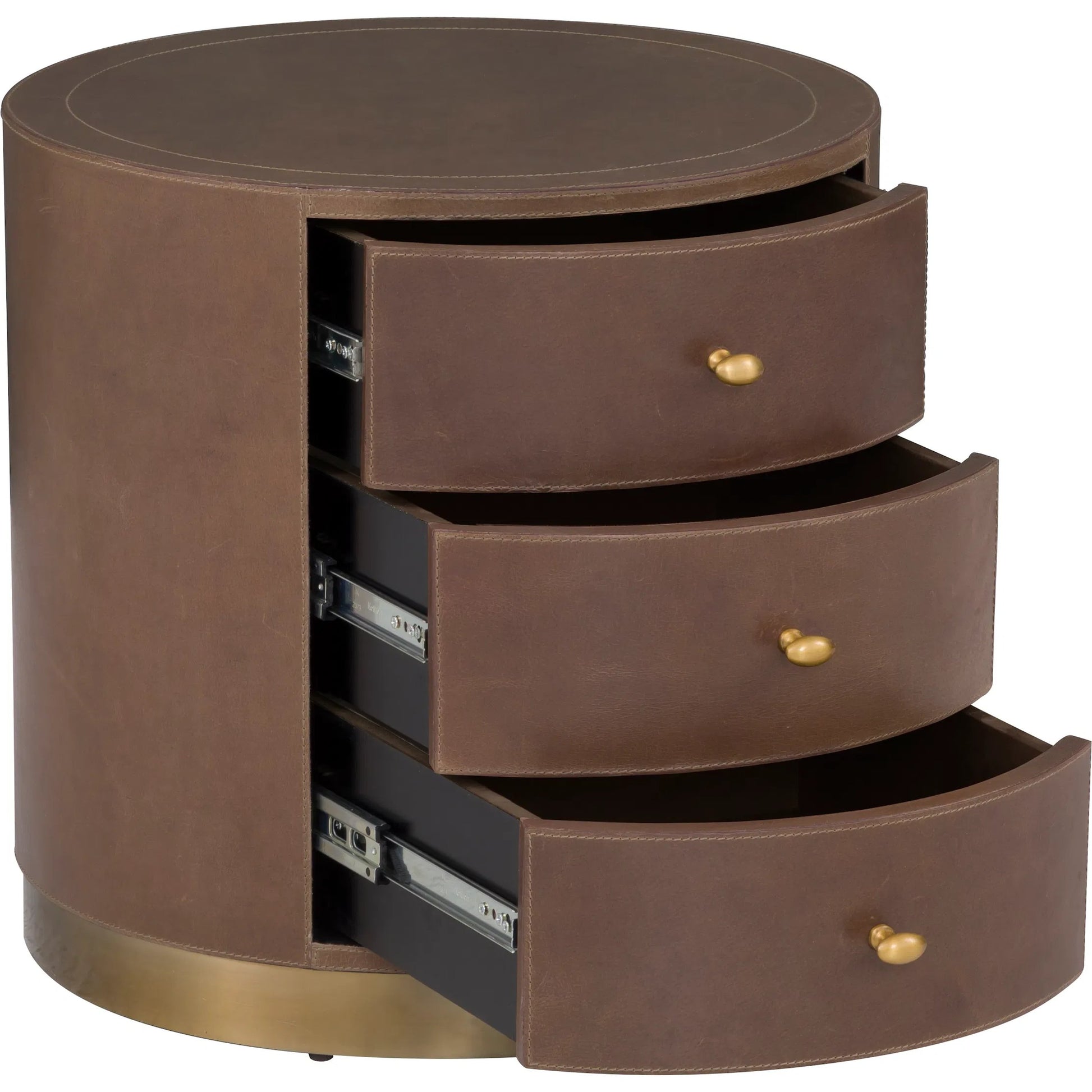 Dimitri 3-Drawer Leather Wrapped Round End Table by Fairfield Chair in brown and kafe. Made from leather wrap in a unique style.