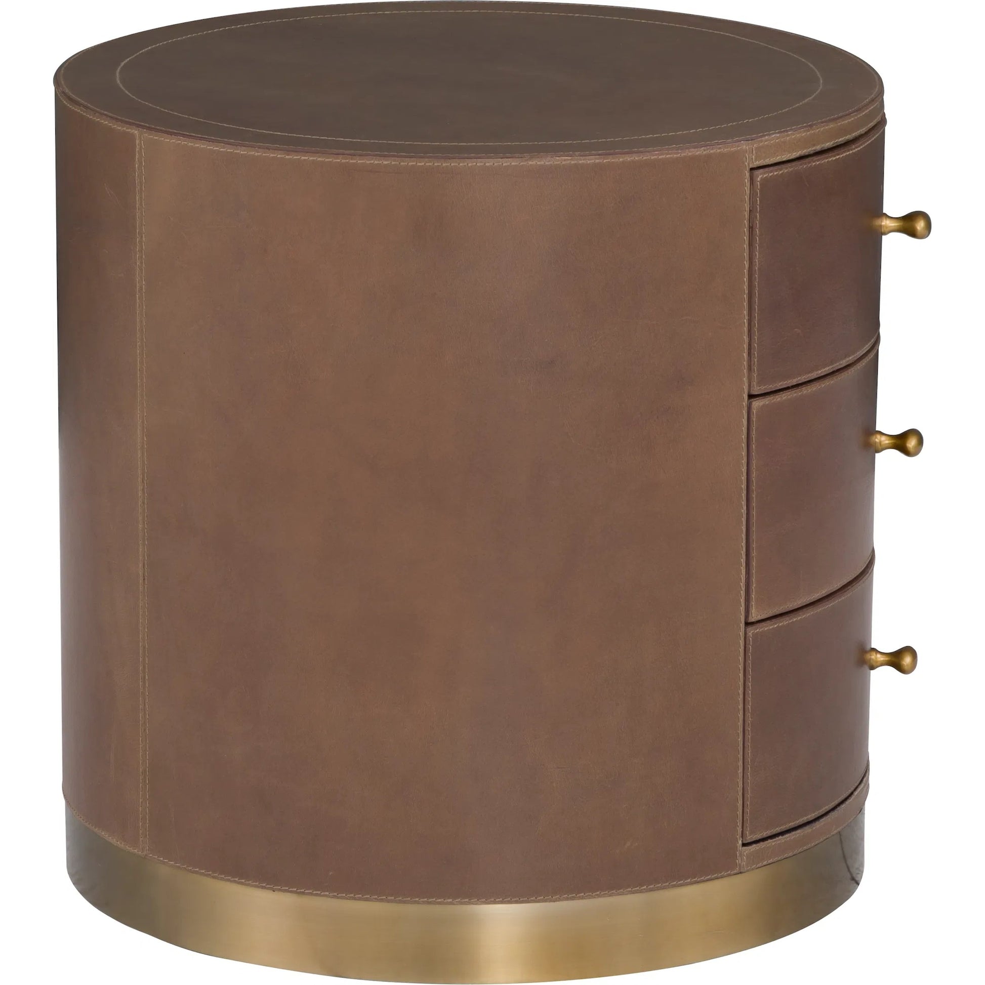 Dimitri 3-Drawer Leather Wrapped Round End Table by Fairfield Chair in brown and kafe. Made from leather wrap in a unique style.