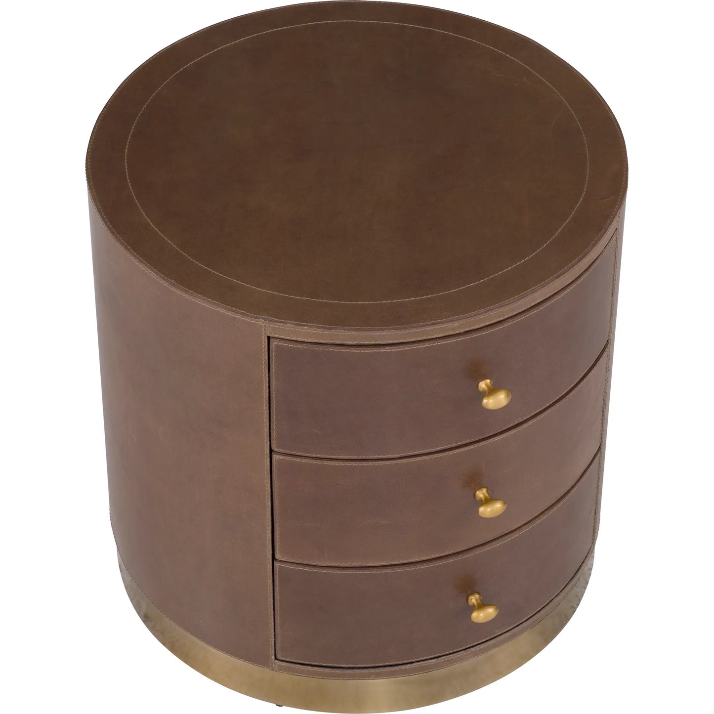 005 SI-2635832 | Additional Silo | Dimitri 3-Drawer Leather Wrapped Round End Table by Fairfield Chair in brown and kafe. Made from leather wrap in a unique style.