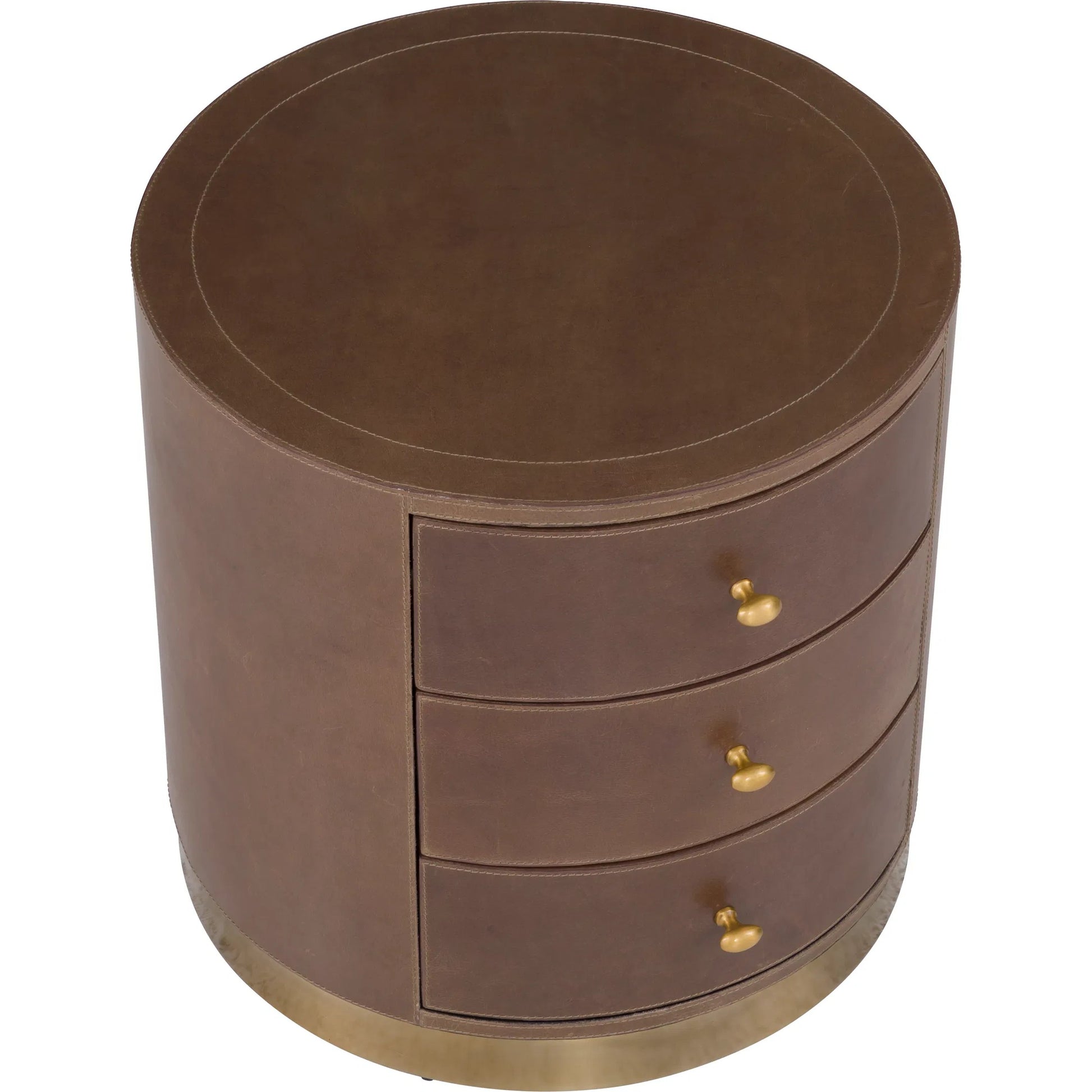 Dimitri 3-Drawer Leather Wrapped Round End Table by Fairfield Chair in brown and kafe. Made from leather wrap in a unique style.