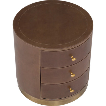 Dimitri 3-Drawer Leather Wrapped Round End Table by Fairfield Chair in brown and kafe. Made from leather wrap in a unique style.