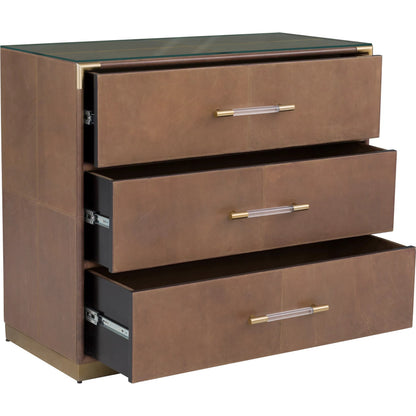 Dimitri 3-Drawer Leather Wrapped Chest by Fairfield Chair in brown and kafe. Made from leather wrap in a unique style.