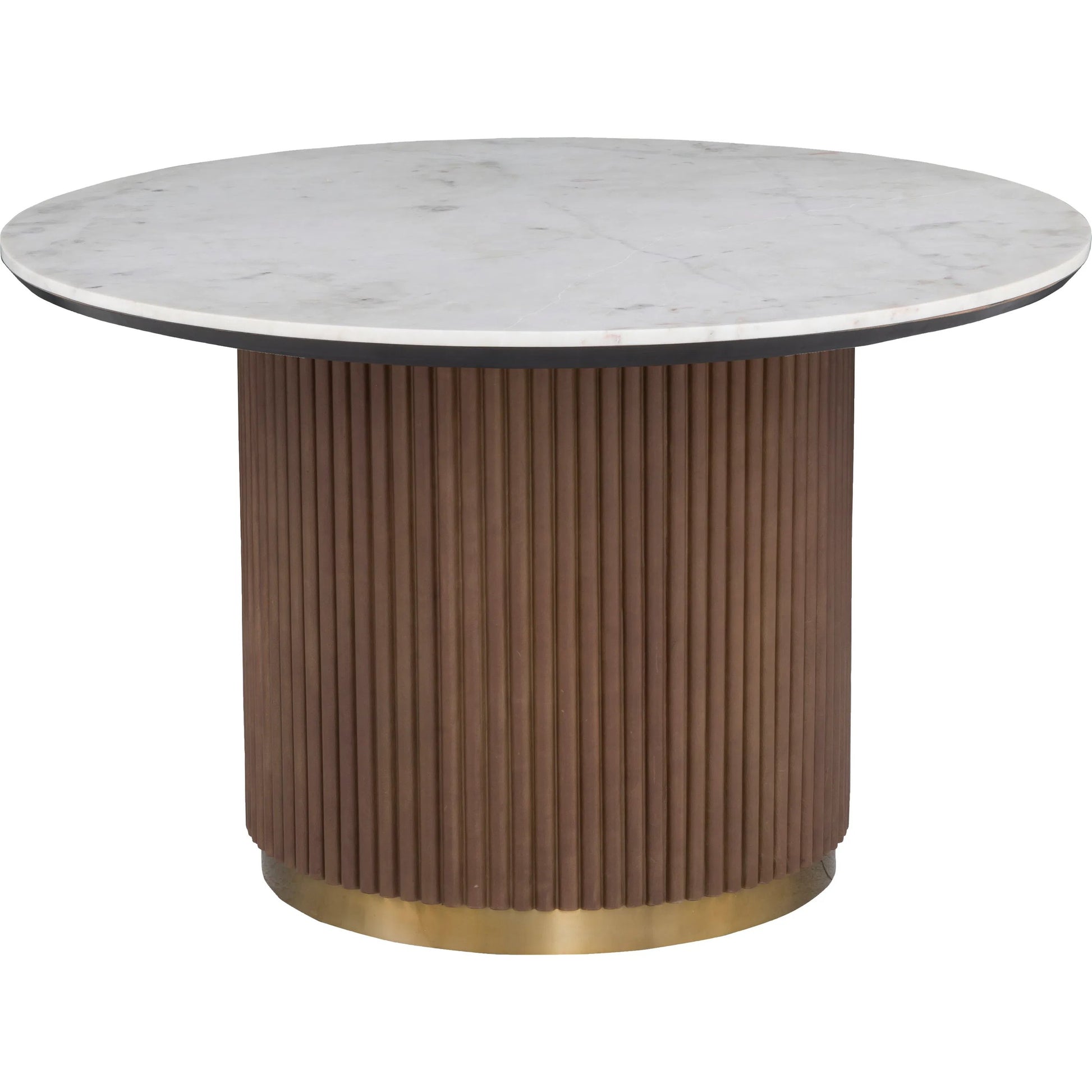 Dimitri Leather Wrapped Round Dining Table by Fairfield Chair in brown and kafe. Made from marble, leather wrap in a unique style.