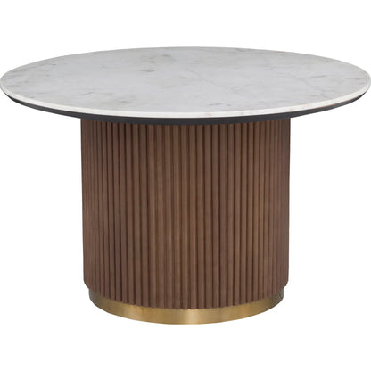 Dimitri Leather Wrapped Round Dining Table by Fairfield Chair in brown and kafe. Made from marble, leather wrap in a unique style.