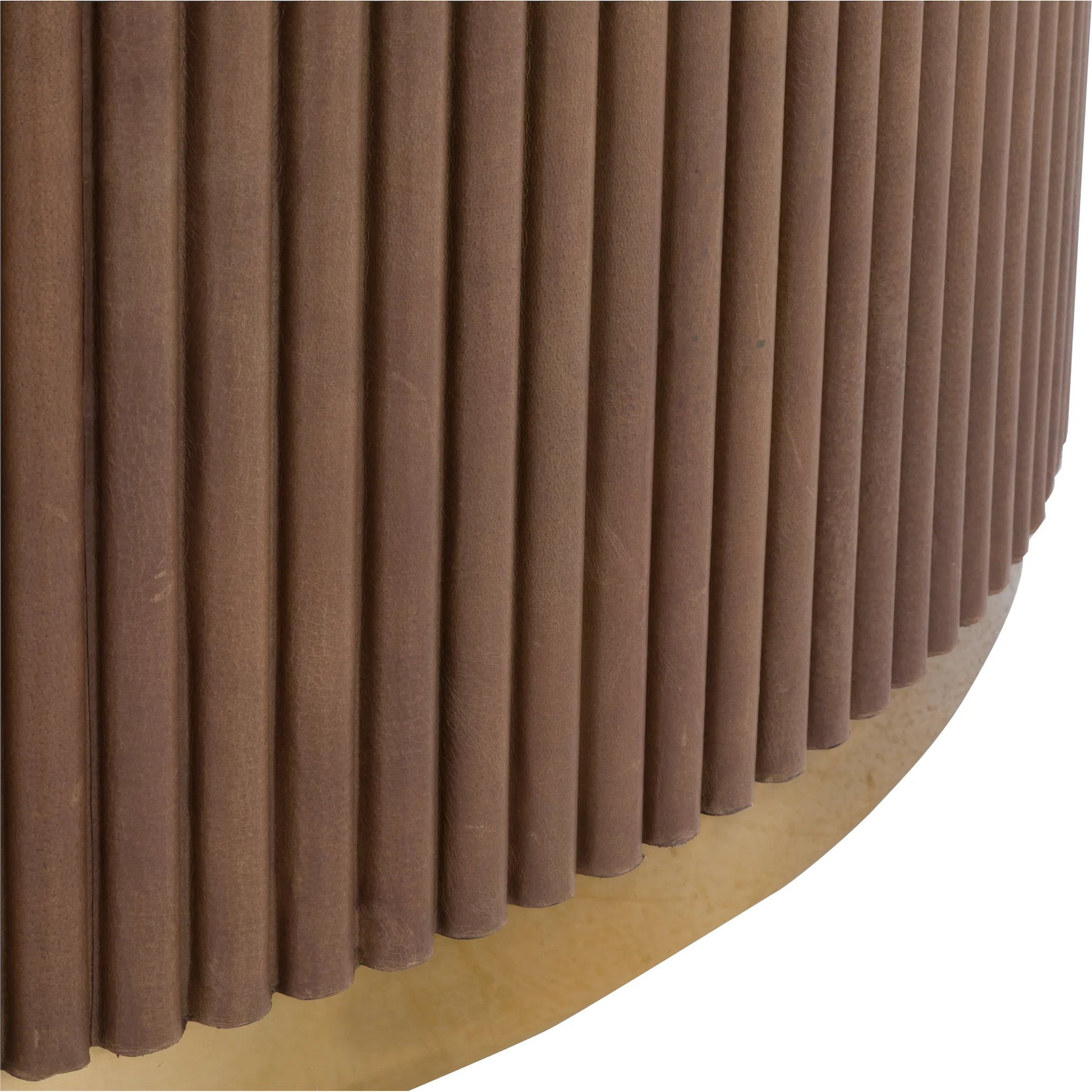 Dimitri Leather Wrapped Round Dining Table by Fairfield Chair in brown and kafe. Made from marble, leather wrap in a unique style.