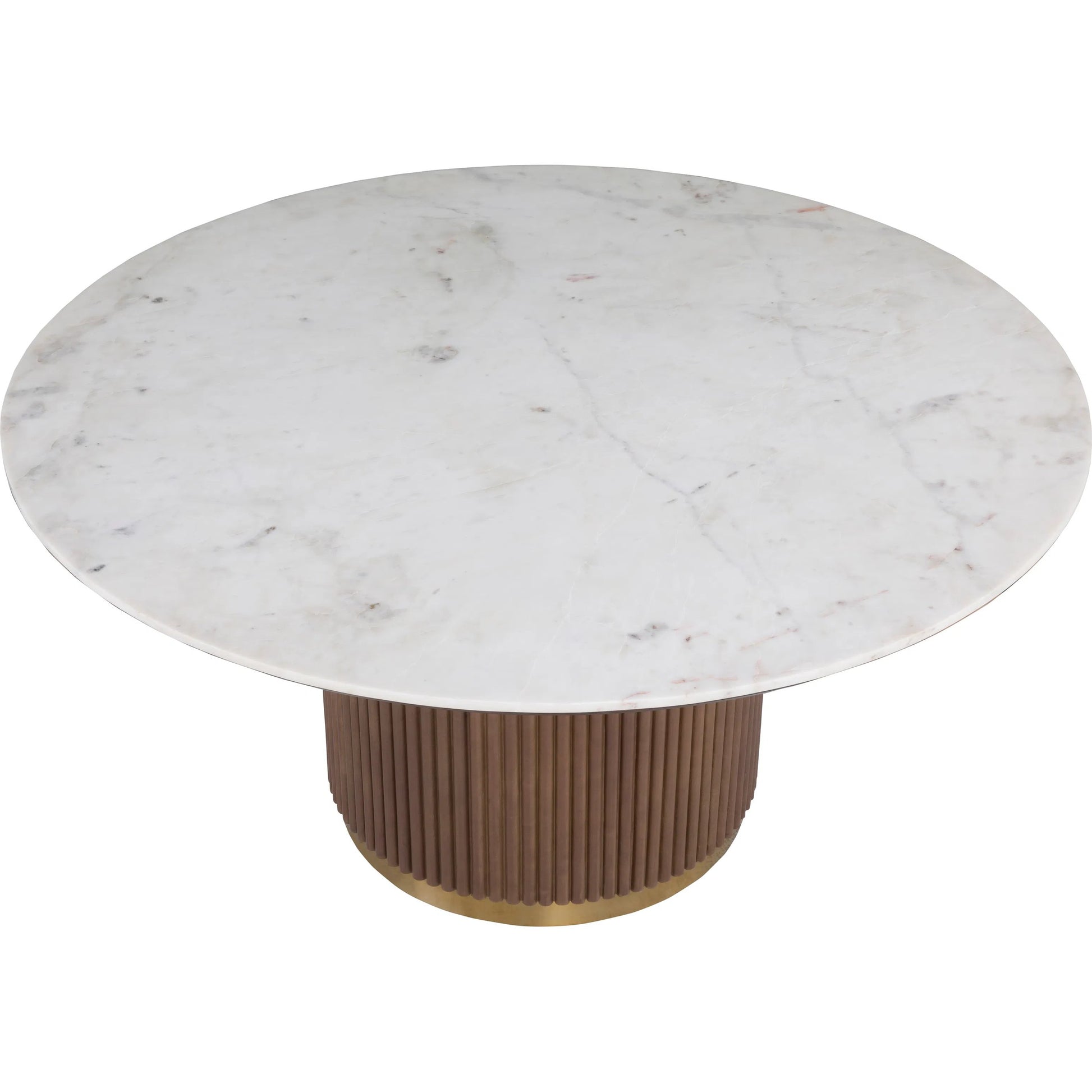 Dimitri Leather Wrapped Round Dining Table by Fairfield Chair in brown and kafe. Made from marble, leather wrap in a unique style.