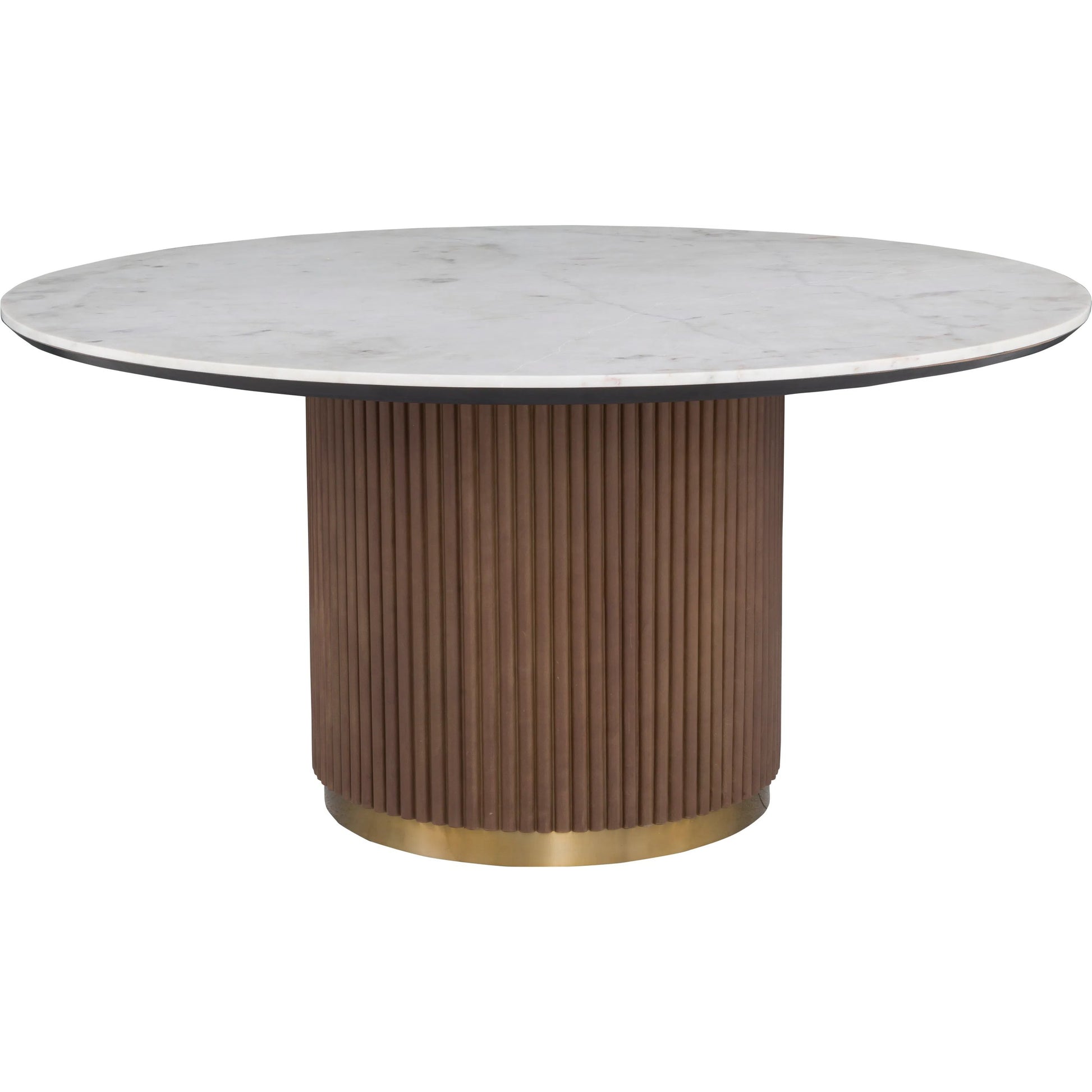 Dimitri Leather Wrapped Round Dining Table by Fairfield Chair in brown and kafe. Made from marble, leather wrap in a unique style.