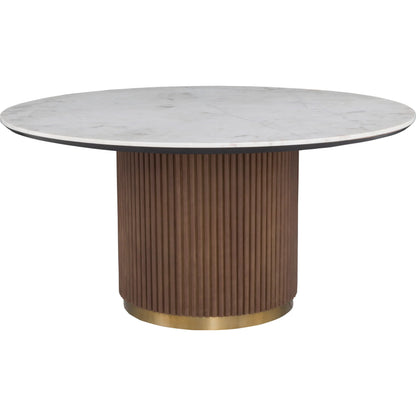 Dimitri Leather Wrapped Round Dining Table by Fairfield Chair in brown and kafe. Made from marble, leather wrap in a unique style.