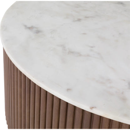 Dimitri Leather Wrapped Round Cocktail Table by Fairfield Chair in brown and kafe. Made from marble, leather wrap in a unique style.