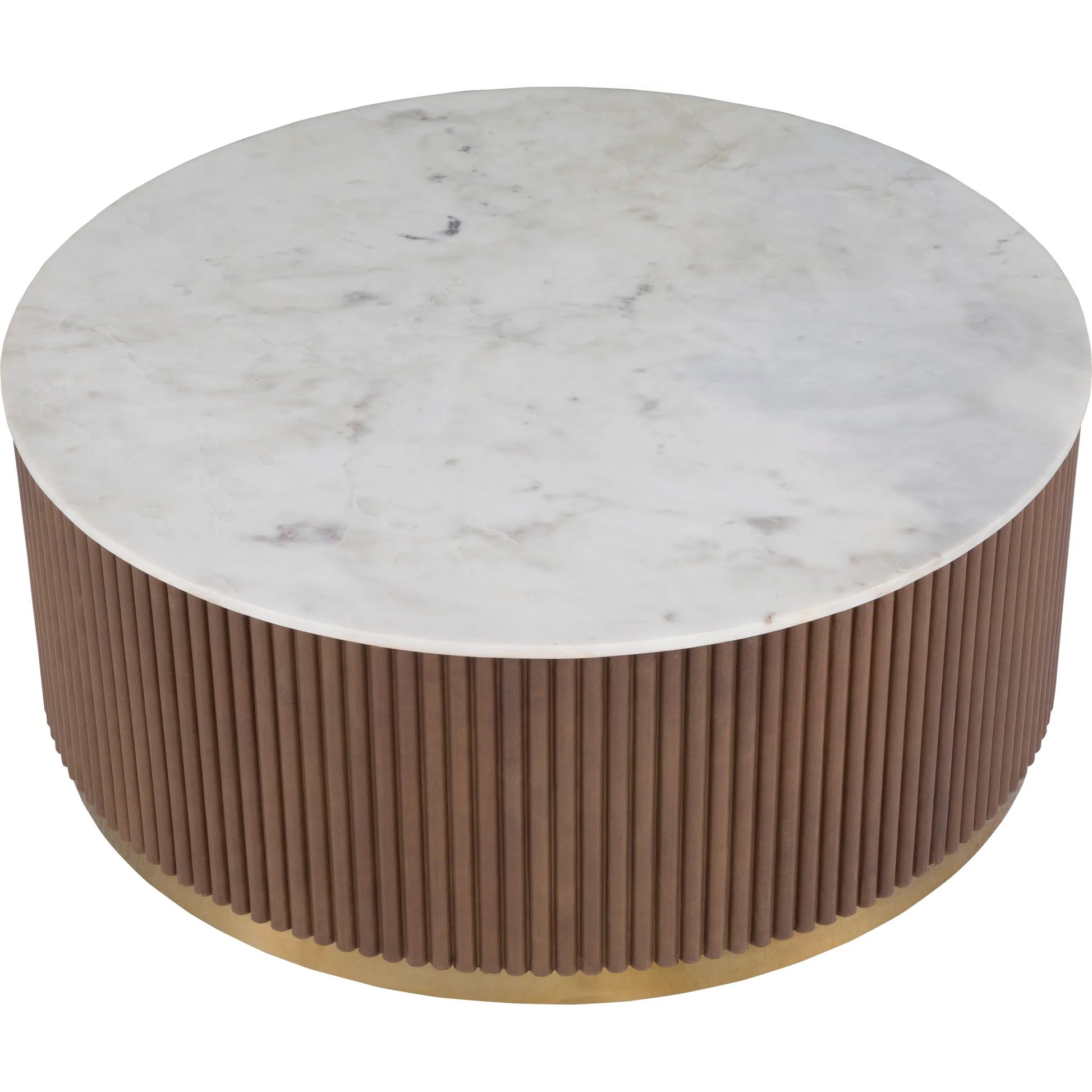 Dimitri Leather Wrapped Round Cocktail Table by Fairfield Chair in brown and kafe. Made from marble, leather wrap in a unique style.