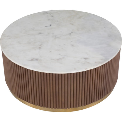 Dimitri Leather Wrapped Round Cocktail Table by Fairfield Chair in brown and kafe. Made from marble, leather wrap in a unique style.