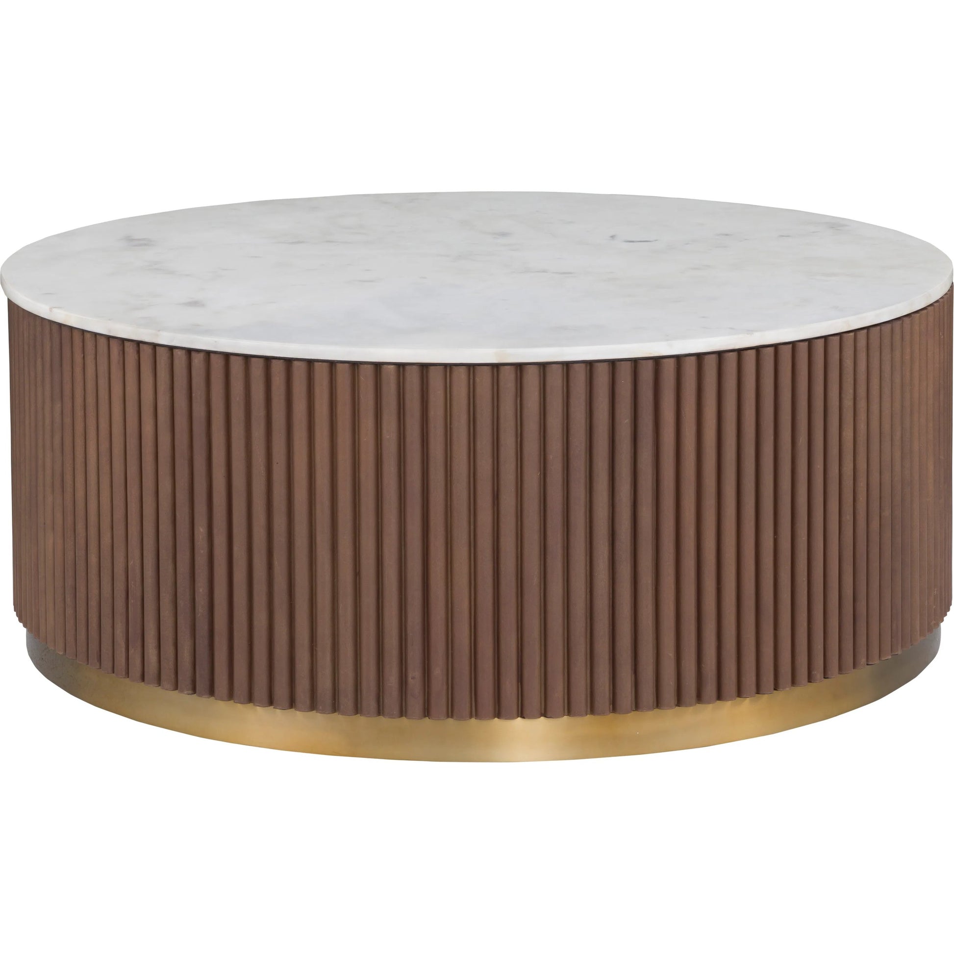Dimitri Leather Wrapped Round Cocktail Table by Fairfield Chair in brown and kafe. Made from marble, leather wrap in a unique style.