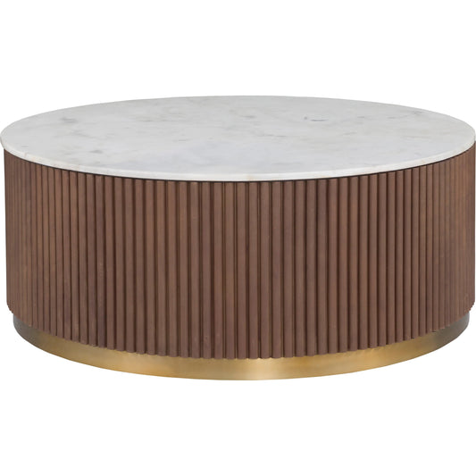 000 SI-2635834 | Primary Silo | Dimitri Leather Wrapped Round Cocktail Table by Fairfield Chair in brown and kafe. Made from marble, leather wrap in a unique style.