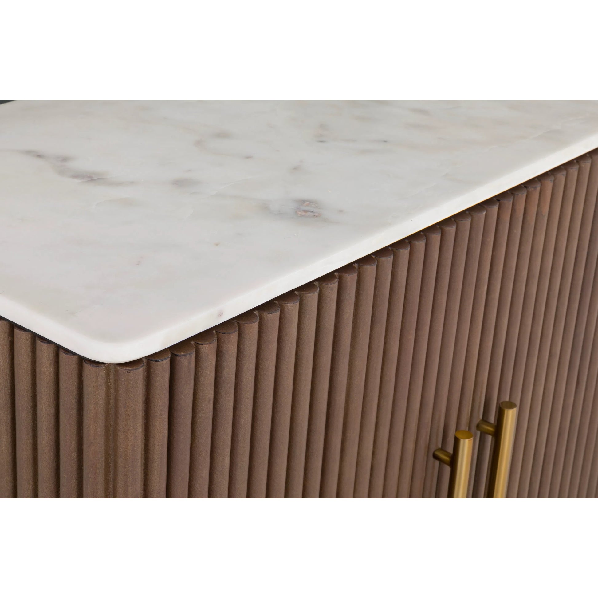 Dimitri Leather Wrapped Four Door Credenza by Fairfield Chair in brown and kafe. Made from marble, leather wrap in a unique style.