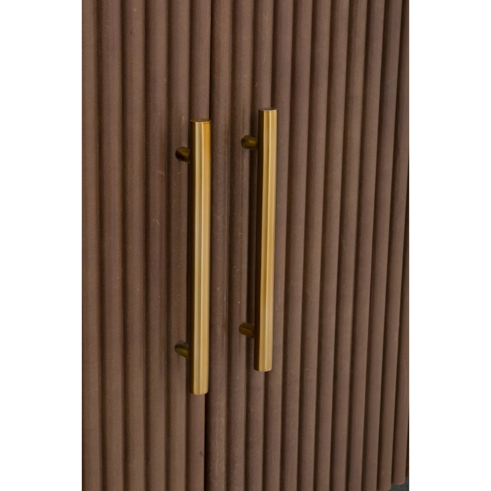 Dimitri Leather Wrapped Four Door Credenza by Fairfield Chair in brown and kafe. Made from marble, leather wrap in a unique style.