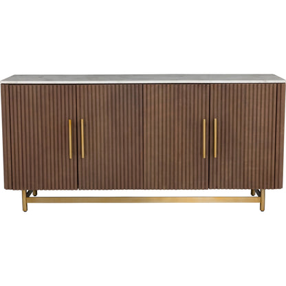 Dimitri Leather Wrapped Four Door Credenza by Fairfield Chair in brown and kafe. Made from marble, leather wrap in a unique style.