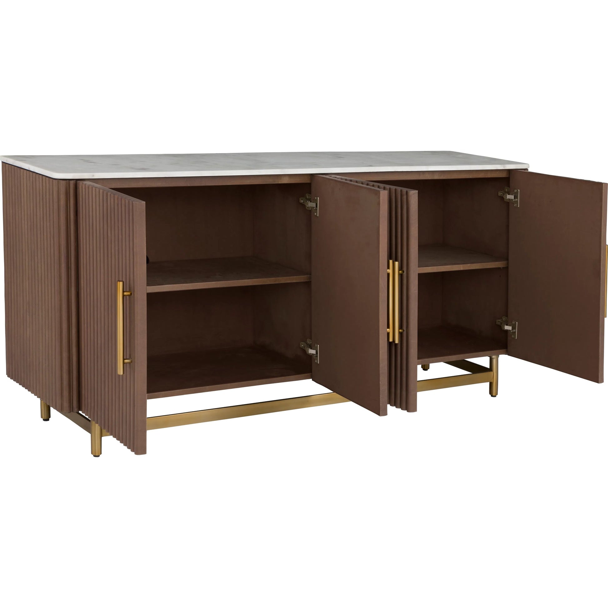 Dimitri Leather Wrapped Four Door Credenza by Fairfield Chair in brown and kafe. Made from marble, leather wrap in a unique style.