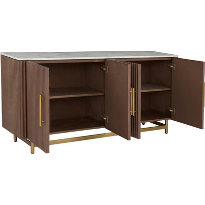 Dimitri Leather Wrapped Four Door Credenza by Fairfield Chair in brown and kafe. Made from marble, leather wrap in a unique style.