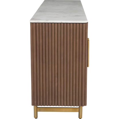 Dimitri Leather Wrapped Four Door Credenza by Fairfield Chair in brown and kafe. Made from marble, leather wrap in a unique style.
