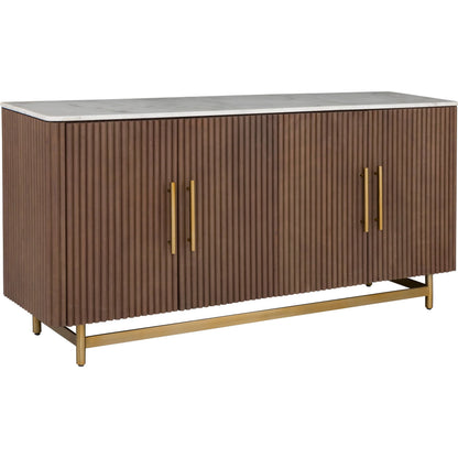 Dimitri Leather Wrapped Four Door Credenza by Fairfield Chair in brown and kafe. Made from marble, leather wrap in a unique style.