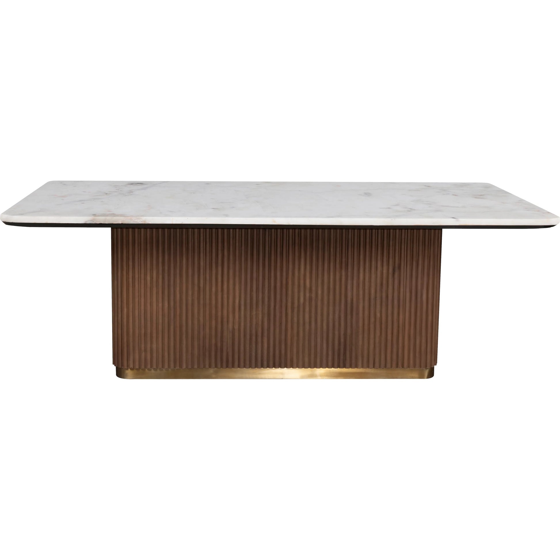 Dimitri Leather Wrapped Rectangular Dining Table by Fairfield Chair in brown and kafe. Made from marble, leather wrap in a unique style.