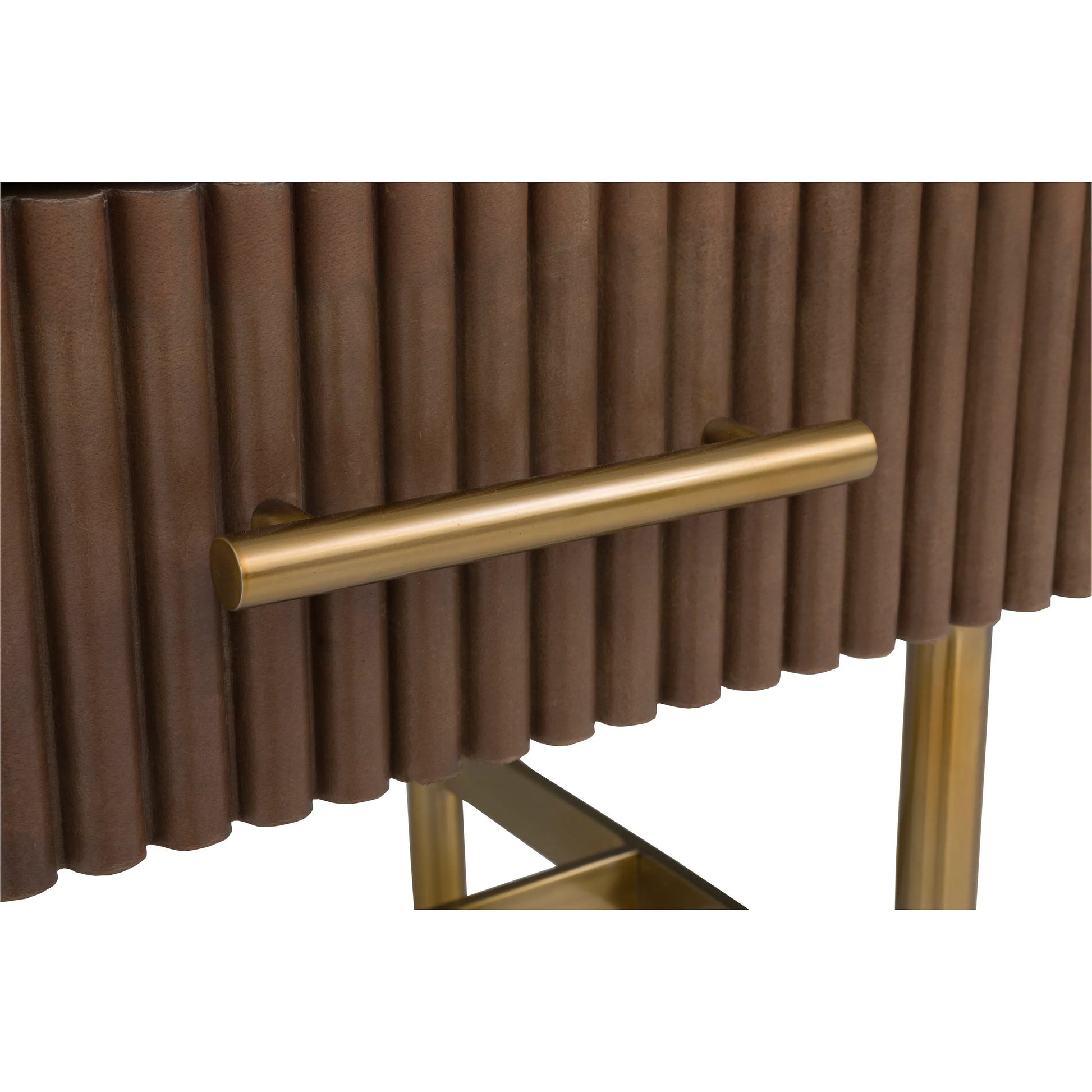 Dimitri Leather Wrapped 1-Drawer End Table by Fairfield Chair in brown and kafe. Made from marble, leather wrap in a unique style.