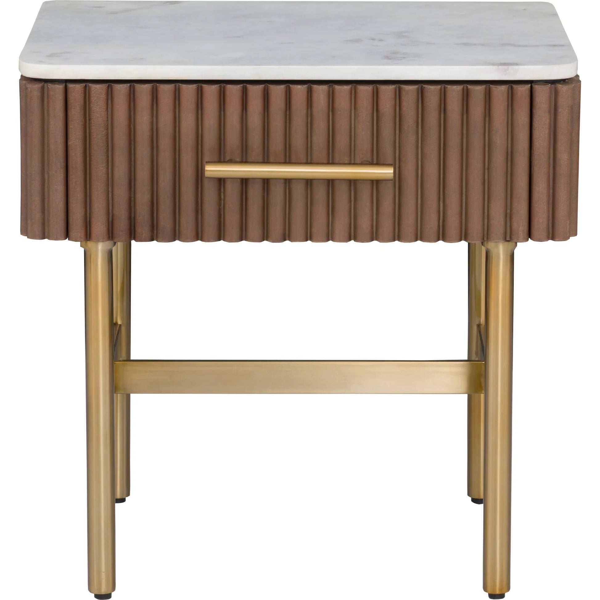 Dimitri Leather Wrapped 1-Drawer End Table by Fairfield Chair in brown and kafe. Made from marble, leather wrap in a unique style.