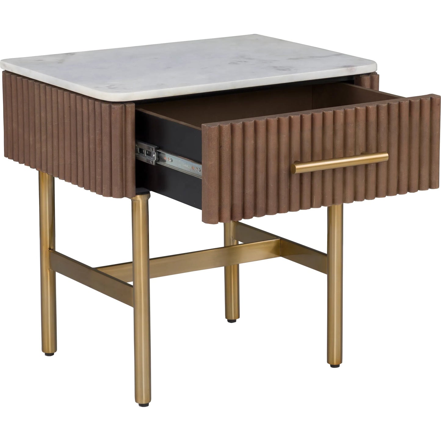 001 SI-2635837 | Additional Silo | Dimitri Leather Wrapped 1-Drawer End Table by Fairfield Chair in brown and kafe. Made from marble, leather wrap in a unique style.