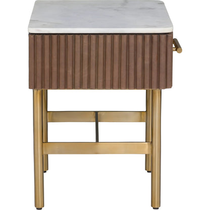 Dimitri Leather Wrapped 1-Drawer End Table by Fairfield Chair in brown and kafe. Made from marble, leather wrap in a unique style.