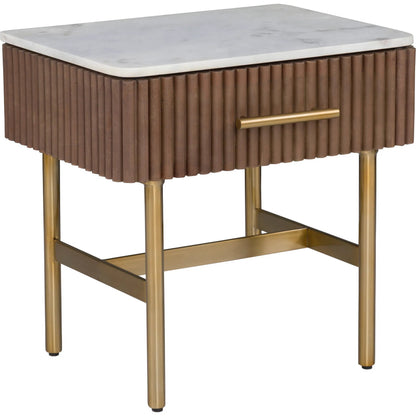 Dimitri Leather Wrapped 1-Drawer End Table by Fairfield Chair in brown and kafe. Made from marble, leather wrap in a unique style.