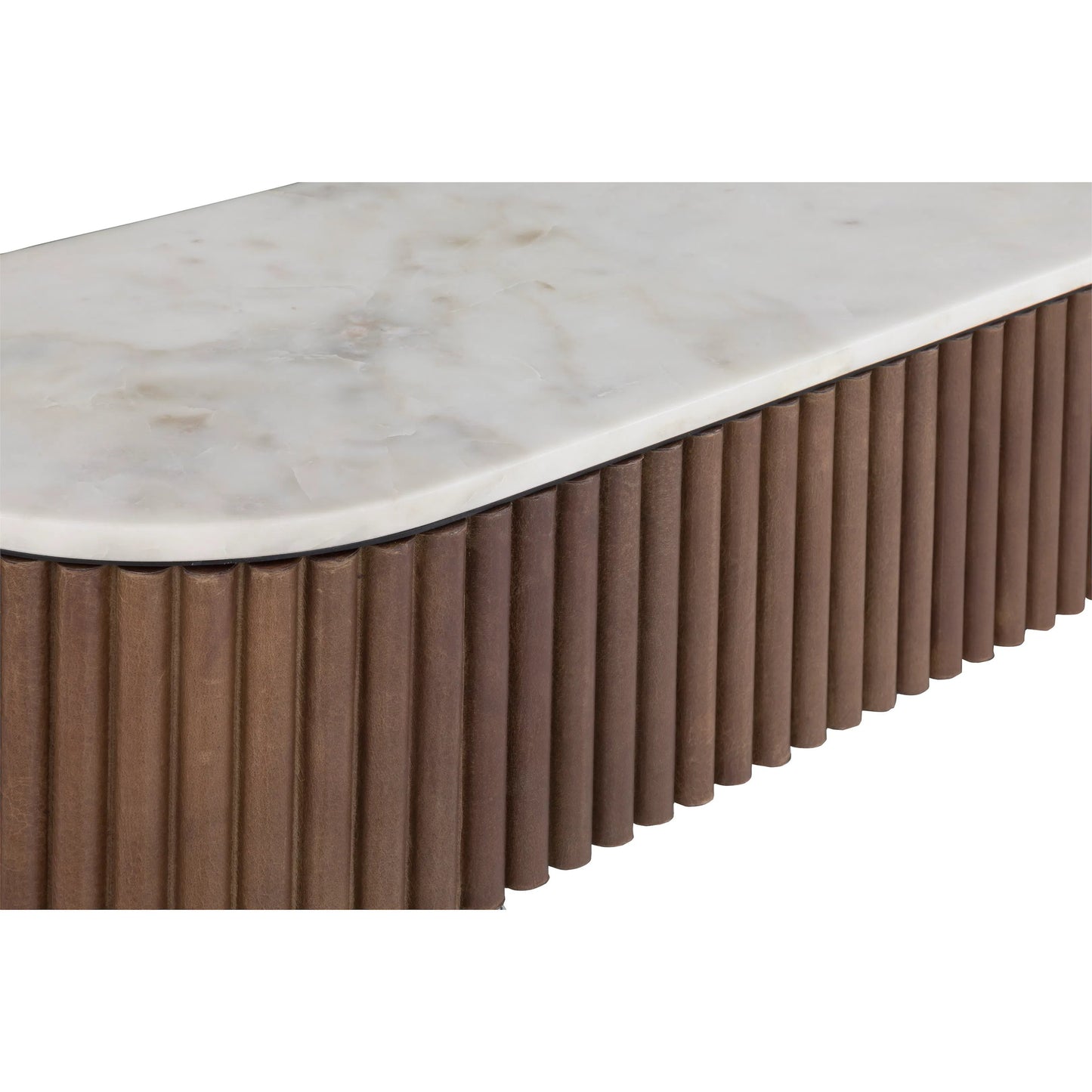 004 SI-2635838 | Closeup | Dimitri Leather Wrapped Demilune Console by Fairfield Chair in brown and kafe. Made from marble, leather wrap in a unique style.