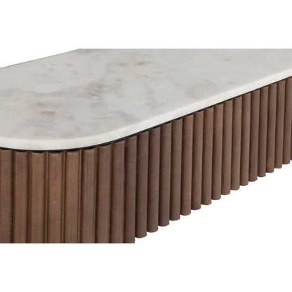 Dimitri Leather Wrapped Demilune Console by Fairfield Chair in brown and kafe. Made from marble, leather wrap in a unique style.