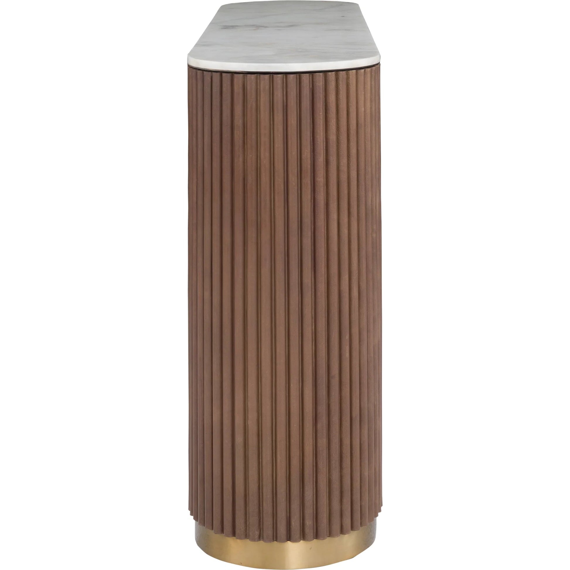 Dimitri Leather Wrapped Demilune Console by Fairfield Chair in brown and kafe. Made from marble, leather wrap in a unique style.