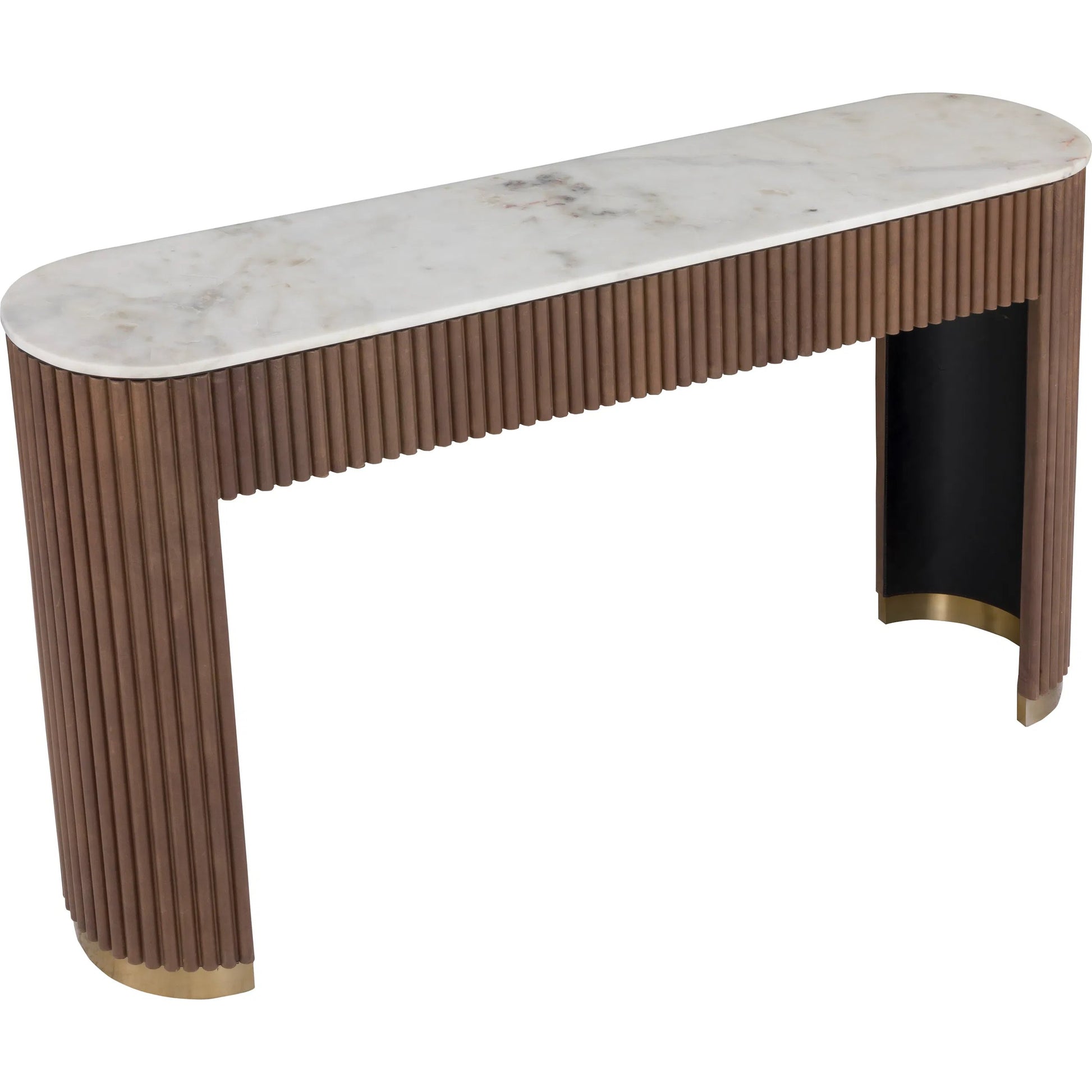 Dimitri Leather Wrapped Demilune Console by Fairfield Chair in brown and kafe. Made from marble, leather wrap in a unique style.