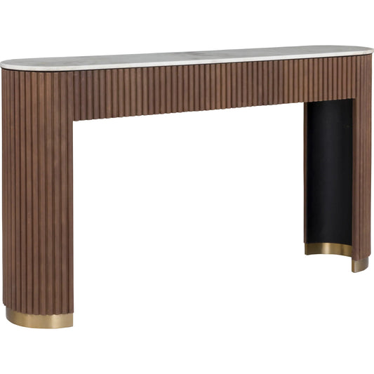 000 SI-2635838 | Primary Silo | Dimitri Leather Wrapped Demilune Console by Fairfield Chair in brown and kafe. Made from marble, leather wrap in a unique style.
