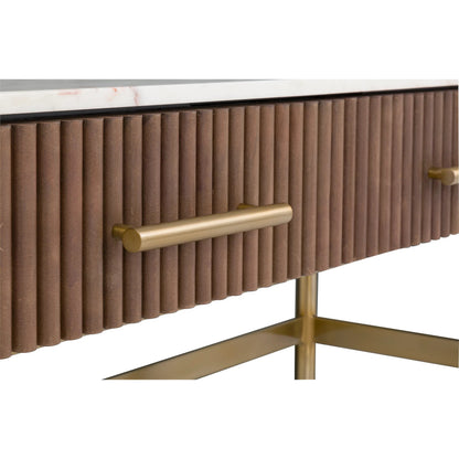 Dimitri Leather Wrapped 2-Drawer Rectangular Console by Fairfield Chair in brown and kafe. Made from marble, leather wrap in a unique style.
