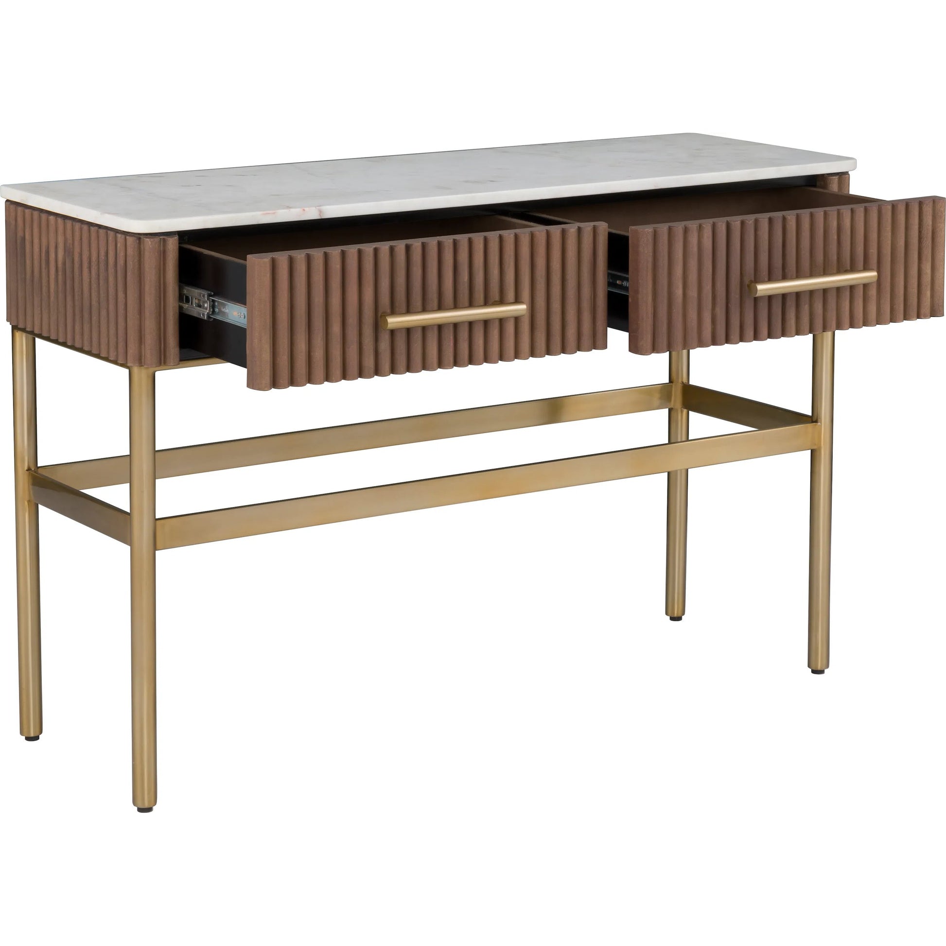 Dimitri Leather Wrapped 2-Drawer Rectangular Console by Fairfield Chair in brown and kafe. Made from marble, leather wrap in a unique style.