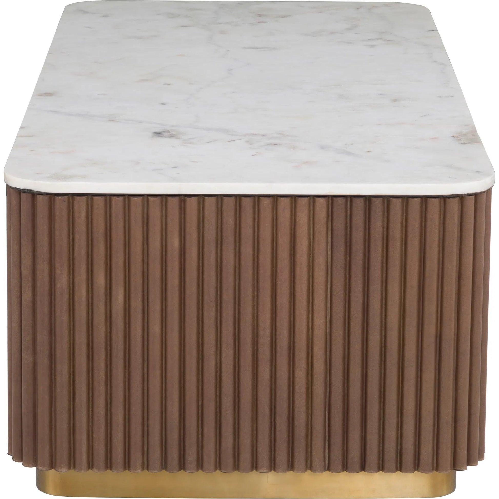 Dimitri Leather Wrapped Rectangular Cocktail Table by Fairfield Chair in brown and kafe. Made from marble, leather wrap in a unique style.