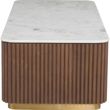 Dimitri Leather Wrapped Rectangular Cocktail Table by Fairfield Chair in brown and kafe. Made from marble, leather wrap in a unique style.