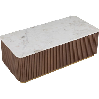 Dimitri Leather Wrapped Rectangular Cocktail Table by Fairfield Chair in brown and kafe. Made from marble, leather wrap in a unique style.