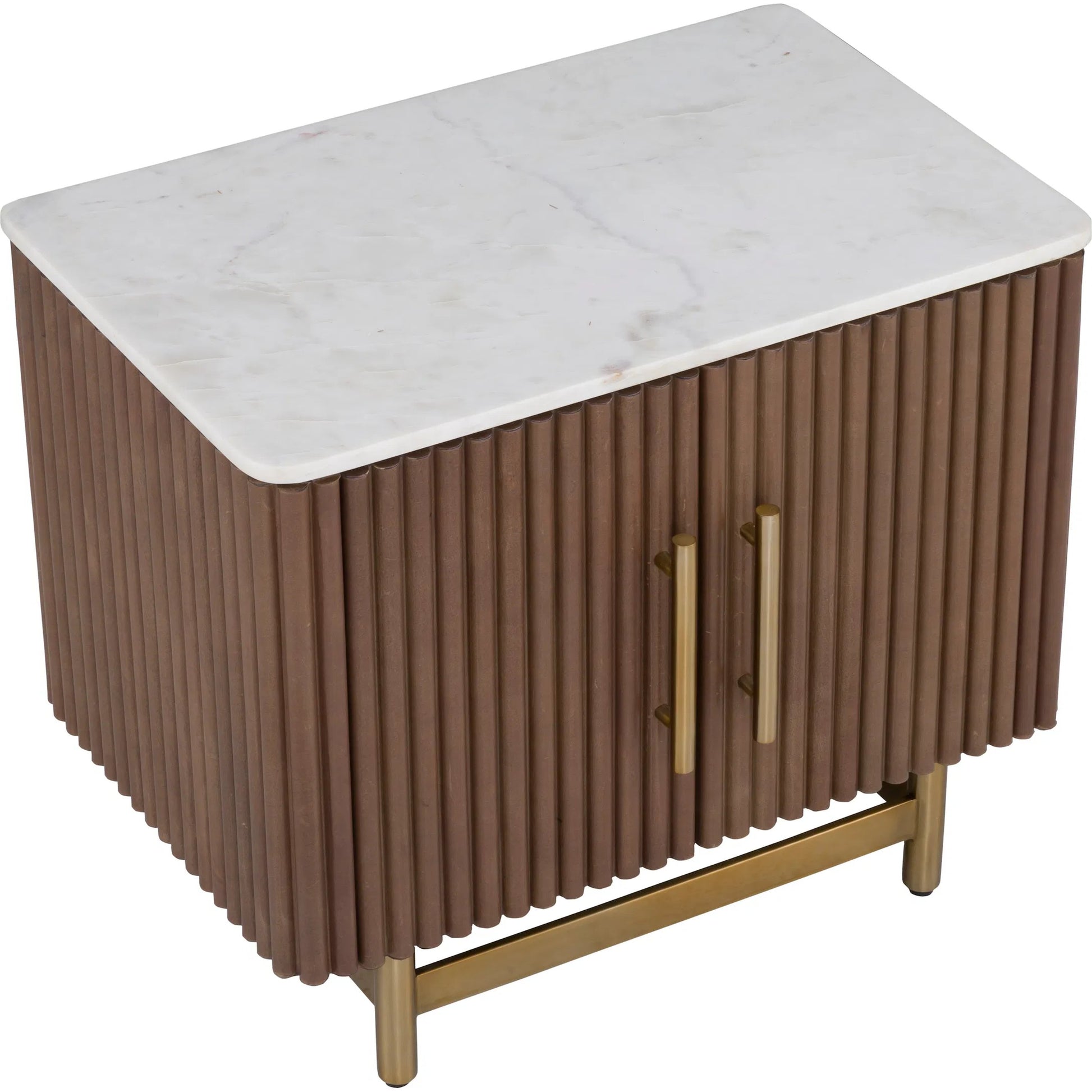 Dimitri Leather Wrapped Two Door End Table by Fairfield Chair in brown and kafe. Made from marble, leather wrap in a unique style.