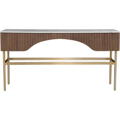 Dimitri Leather Wrapped Rectangular Console by Fairfield Chair in brown and kafe. Made from marble, leather wrap in a unique style.