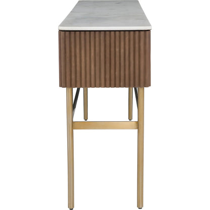 Dimitri Leather Wrapped Rectangular Console by Fairfield Chair in brown and kafe. Made from marble, leather wrap in a unique style.