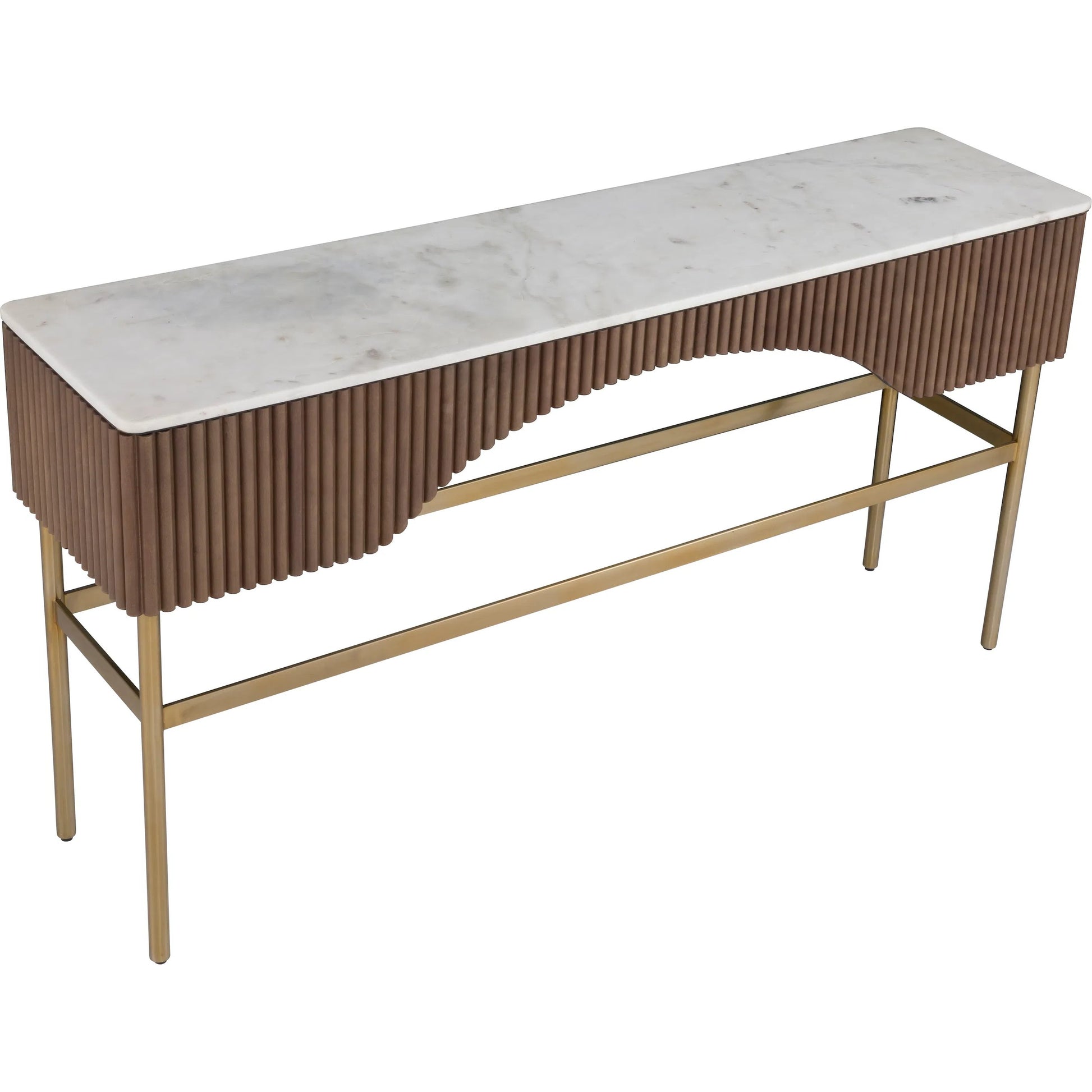 Dimitri Leather Wrapped Rectangular Console by Fairfield Chair in brown and kafe. Made from marble, leather wrap in a unique style.