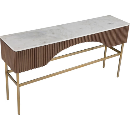 Dimitri Leather Wrapped Rectangular Console by Fairfield Chair in brown and kafe. Made from marble, leather wrap in a unique style.