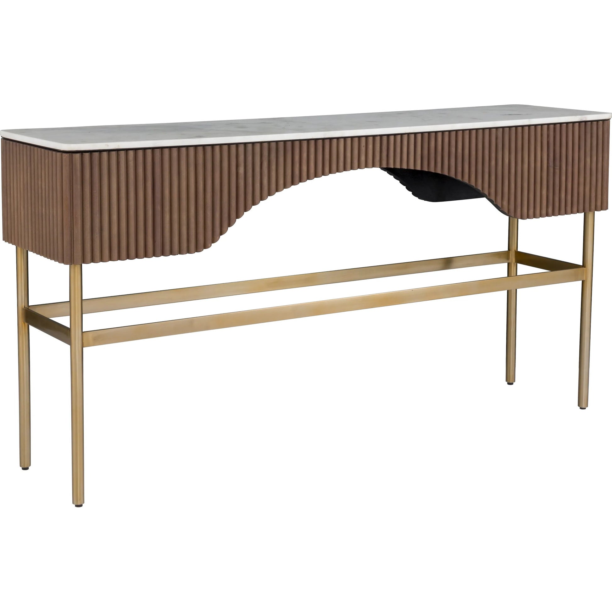 Dimitri Leather Wrapped Rectangular Console by Fairfield Chair in brown and kafe. Made from marble, leather wrap in a unique style.