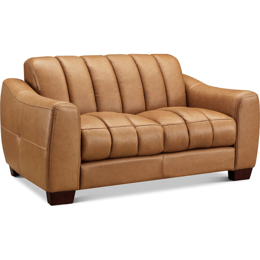 Bayeaux Leather Loveseat by Hydeline in chico cinnamon. Made from leather/split, solid hardwood kiln dried in a unique style.