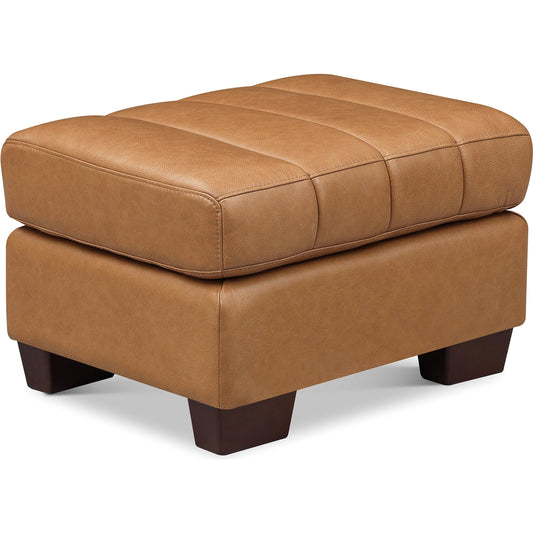 Bayeaux Leather Ottoman by Hydeline in chico cinnamon. Made from leather/split, solid hardwood kiln dried in a unique style.