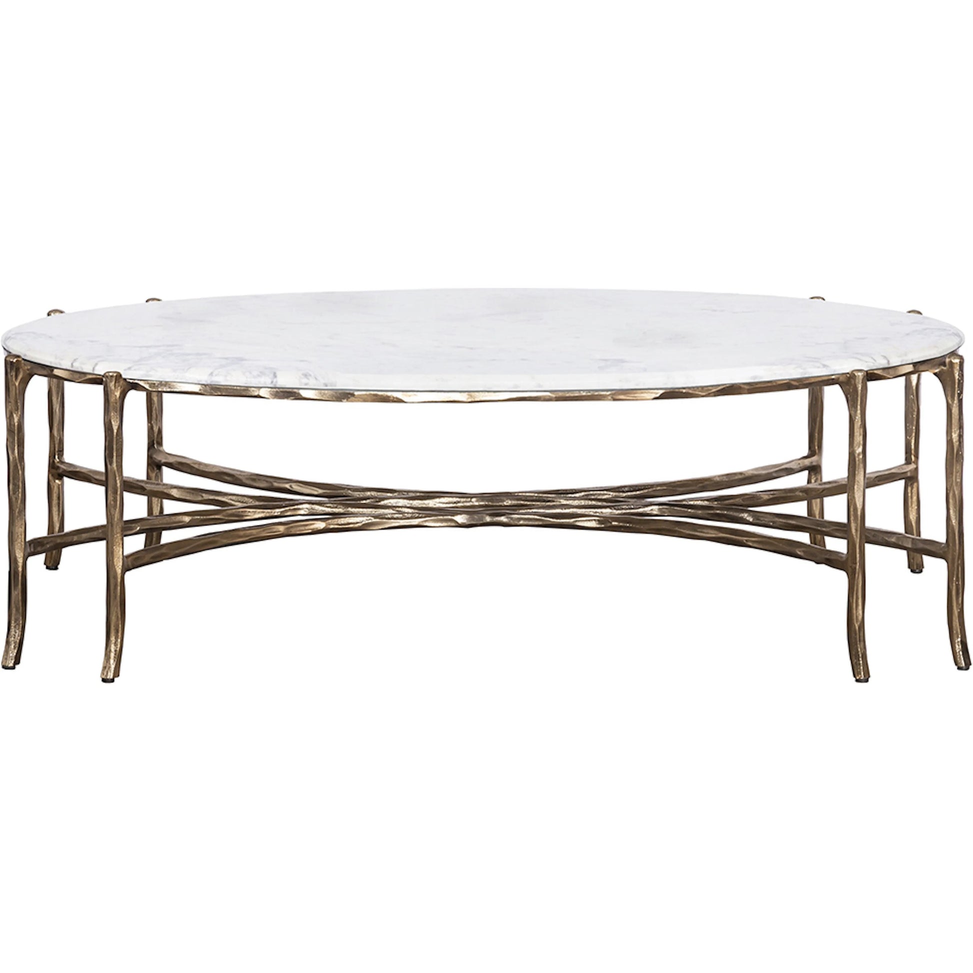 Monier Cocktail Table by Fairfield Chair in antique gold and antique gold. Made from faux, bois metal, calcutta stone in a unique style.